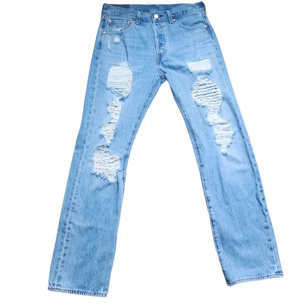 Men's Levi's 501 Blue Jeans Original Fit Ripped, Size 30‎